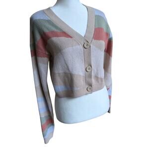 Y2k Hollister Cropped Fitted Cardigan Sweater Button Women Xs Tan Green Stripe